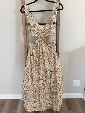 Lush Floral Maxi Dress Cutouts Open Back Yellow Ruffles